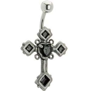  Black Gem Gothic Heart Cross Belly Ring: Jewelry