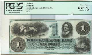 1860s DESOTO, NE CORN EXCHANGE BANK $1 PCGS CH CU 63  