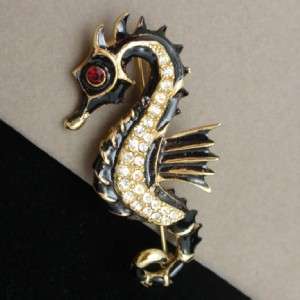 Seahorse Pin Vintage Rhinestone & Enamel Les Bernard  