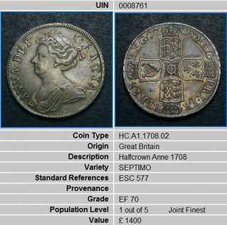 1708 Queen Anne Half Crown Coin EF 70 Valued £1400. CGS Joint Finest 
