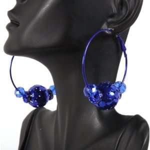  Blue 2 Inch Hoop Earrings with a Jingle Bell Disco Ball 