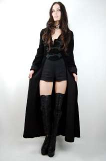 Vtg 70s Black MILITARY Velvet Goth Steampunk TUXEDO Vamp Dress Coat 