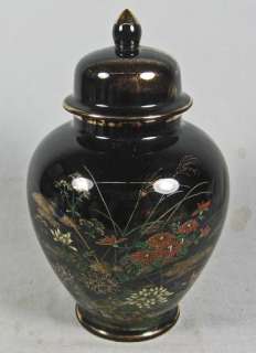Sato Gordon Japan Black Ginger Jar Florals & Gold Trim  