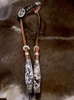   WESTERN LEATHER HEADSTALL HAIR ON CROSS BARREL RACING BLING TACK H8