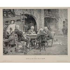 1895 Old Men Card Game Tavern Armenise German Engraving   Original 