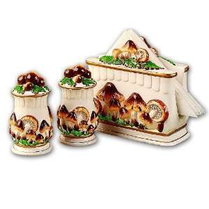 Ceramic Mushroom Table Top Salt Pepper Shaker Napkin Holder 3pc Set 