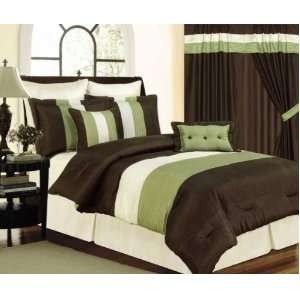  King Size Cream, Brown & Green Tones 7 Piece Comforter Set 