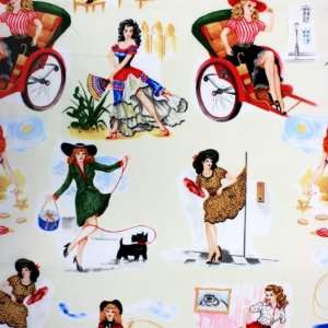  Pin Up Girls Cotton Fabric   Cream  CLEARANCE 1 1/4 YARDS 