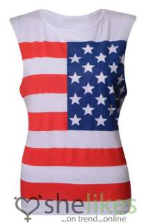   Ladies Sleeveless Stars And Stripes American Flag Print Tshirt Tee Top