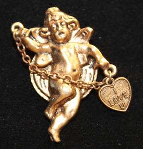 Vintage Gold Tone Cherub & Heart Pin Brooch I LOVE U  