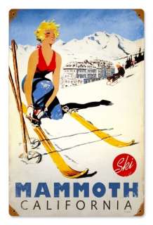 Ski Mammoth California pin up girl on snow skis heavy metal sign 