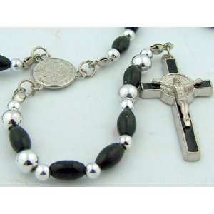 : Saint St Benedict Black Stretch Prayer Rosary Beads Necklace Cross 
