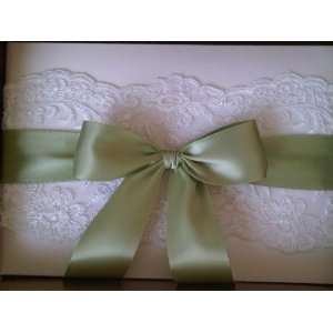 Chantilly Lace White Guest Book with Spring Moss Green Satin Ribbon 