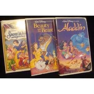   of 3 Disney VHS tapes Aladdin, Beauty and the Beast, Snow White videos