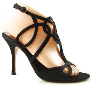 MAXSTUDIO SORAIA Black Satin T strap Womens Shoes EVENING Sandals 10 
