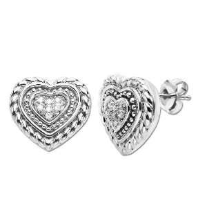    Sterling Silver Textured Diamond Heart Shaped Earrings Jewelry