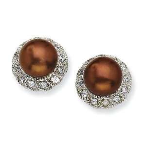   CZ Chocolate Cultured Pearl Stud Earrings in Sterling Silver Jewelry