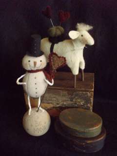 Primitive Folk Art Pattern Lamb Pinkeep & Snowman Heart  