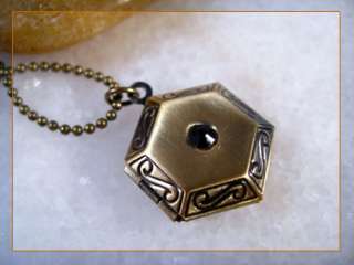 Lovely Small Onyx Hexagon Brass Locket Pendant Necklace  