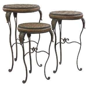  Set of 3 Textured Rustic Round Top Tables with Scroll Legs 