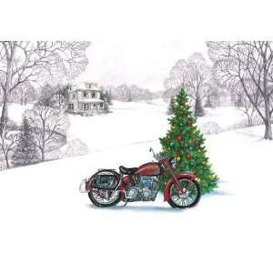  Motorcycle Card Center Winter Cabin Scene Christmas Card 