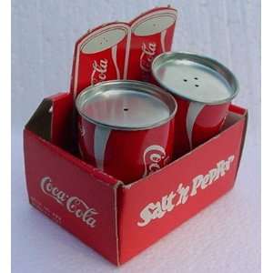 Vintage COCA COLA Tin Can SALT & PEPPER Shaker in Store Display Box