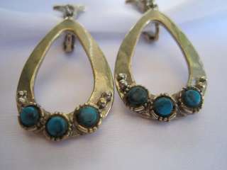 Vintage Faux Turquoise Art Signed Clip Earrings Fleur de Lis  