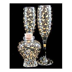 Gold Leopard Design   Hand Painted   Large Heart Bottle & 2 matching 