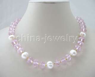 Beautiful 18 12mm white freshwater pearl & pink crystal necklace 