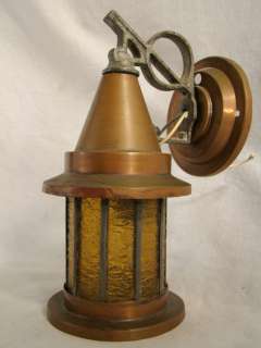 Antique ARTS & CRAFTS style COPPER & AMBER GLASS Sconce PORCH LIGHT 