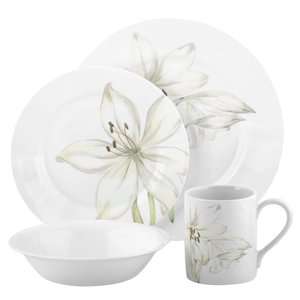 NEW Corelle Impressions White Flower 16 Piece Dinnerware Set, Service 