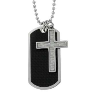 Mens Stainless Steel Dog Tag and Cross Pendant with Carbon Fiber, 22