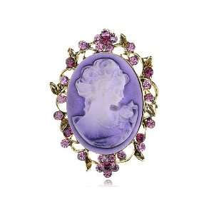 Fuchsia Rose Purple Crystal Rhinestone Cameo Lady Maiden Fashion Pin 