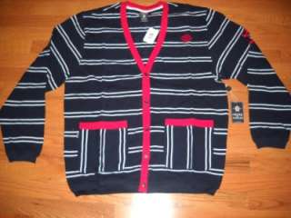Mens Crooks & Castles Devil Striped Cardigan Sweater Navy/Red 3XL 