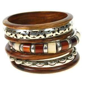  Gypsy Bangle Bracelet Set of Five in Silver and Wood Tones 
