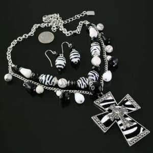  Western Cowgirl Zebra Cross and Beads Dangle Necklace 