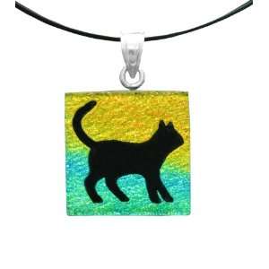Sterling Silver Dichroic Glass Multi Color Cat Pattern Square Shaped 