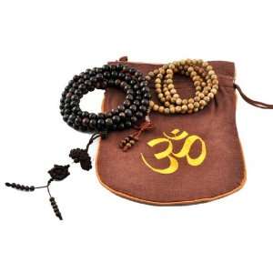   Prayer Beads Gift Set  Dark Wood and Sandalwood with a Brown Om Bag