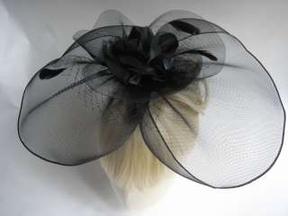   Ballroom Black Satin Rose Flower Organza Feather Hair Head Piece Hat