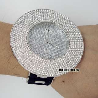 Rhodium Finish Techno Pave Oversized 8 Row Bezel Iced Watch  