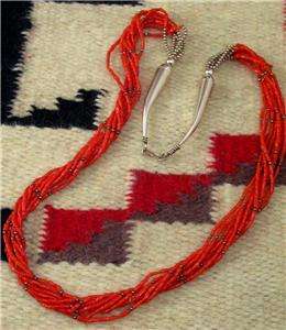 Vintage 8 Strand Navajo Fine Red Coral & Sterling Silver Necklace 26 