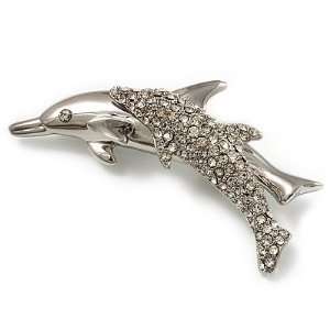  Silver Plated Crystal Mother & Baby Dolphin Brooch 