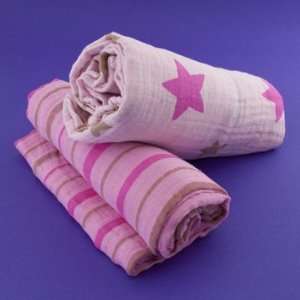   Stars & Stripes GIRL   2 pack, organic muslin swaddling blankets: Baby
