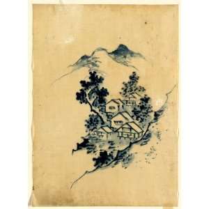  1830 Japanese Print . Buildings nestled among trees in a 
