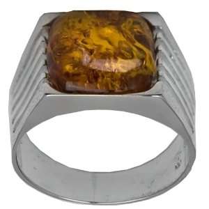  Mens Sterling Silver Honey Amber Square Large Ring, Size 