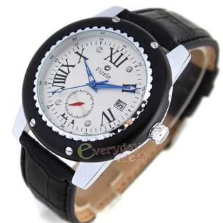 New Automatic Black Leather White Analog Auto Date Mechanical Mens 