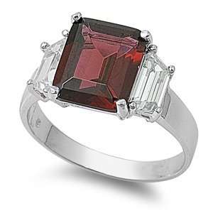 Sterling Silver Square Garnet Cocktail Ring with Clear CZ Stone   Size 