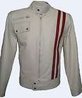 Mens Leather Jacket Motorcycle NWT White/Red Stripes Size S 5XL