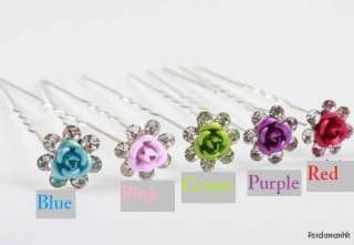 Colorful Alloy Crystal Flower Rose Hair stick pin clip  