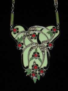 Antique Art Deco Marcasite & Enamel Silver Lavalier Necklace  